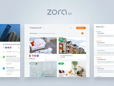 Zora UI app balkan brothers clean dashboard flat interface minimal rent shadows ui ux web
