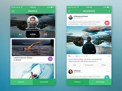 Social App "the Mission" app dashboard design home ios newsfeed profile social ui ux