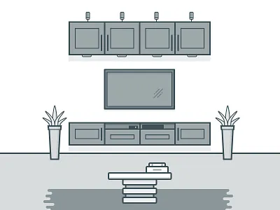 Entertainment Center books cabinets lights plants table television