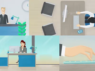 CDN bank banque character computer design desk flat illustration laptop office