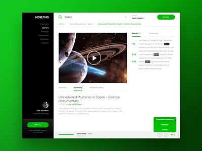 Koemei Video App search transcript transcription ui ux video web app web application web design web interface