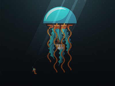 Under Pressure diver diving flat design jelly fish ocean