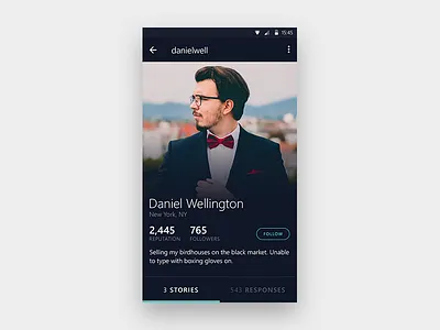 Profile Screen android app dark design elegant minimal profile teal ui ux