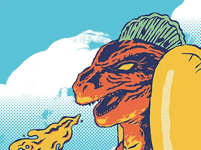 Dogzilla godzilla halftone hot dog illustration monster movie mustard pickles