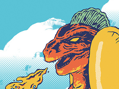 Dogzilla godzilla halftone hot dog illustration monster movie mustard pickles