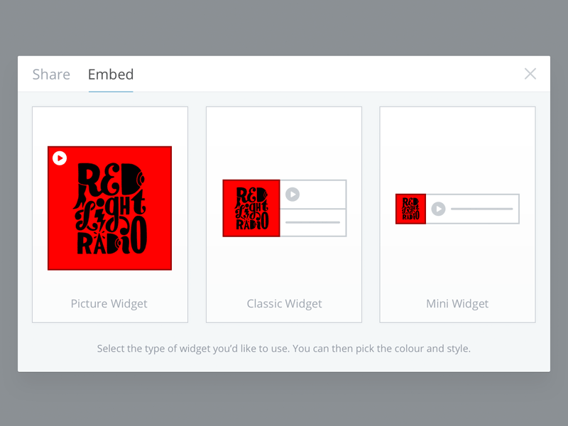 Embed Widget WIP audio builder creator embed interface mixcloud modal music ui widget