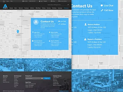Als Sporting Goods Contact Page blue contact layout location map sporting goods ui ux