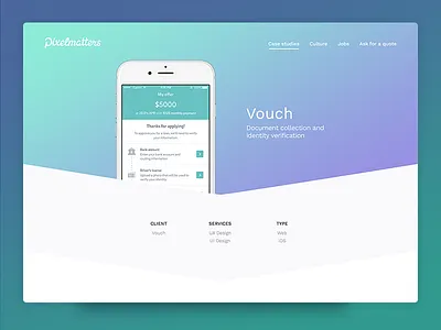 Pixelmatters • Vouch Case Study clean design illustration interaction ios landing markting minimal mobile pixel ui ux