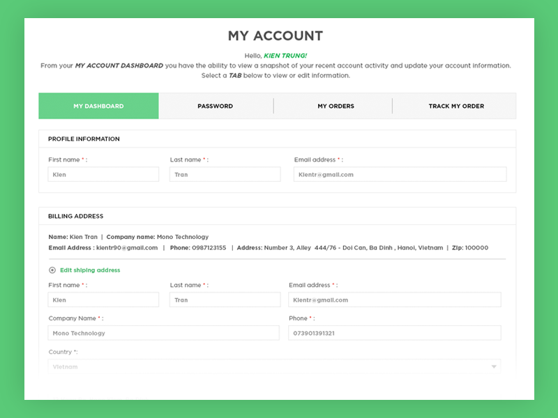 My Account page account page my account profile setting settings