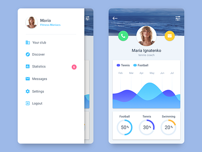 Coach profile android coach icons ios material mobile profile side menu sidemenu social sports statistics