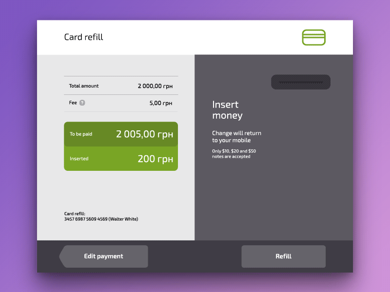 Insert Money Screen amount animation cash clean finance flat gif kiosk money payment refill terminal