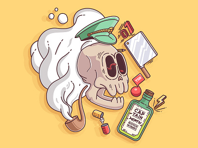 Captain Death bottle crazy flat illustration skull wisky yellow