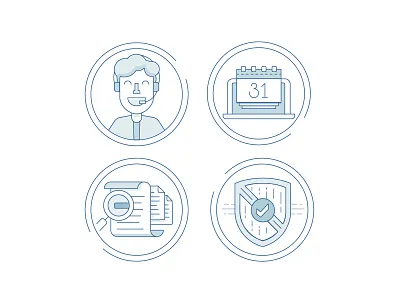 Progress icons badge calendar call center icon line illustration magnifying glass person shield