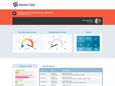Reputation Rights dashboard design interface layout minimal statistics web