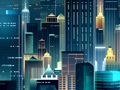 skyline-romain trystram-hk-02 buildings city colorful digital art hong kong illustration light neon night towers trystram windows