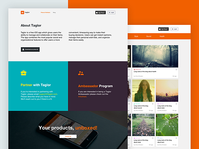 Taglor Landing About and blog app branding design icons taglor ui ux web