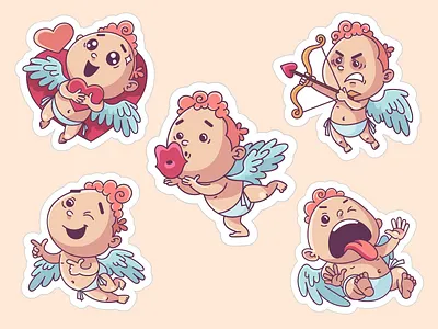 Cupid sticker set for angel cartoon character cupid emotions love romantic set sticker valentines day vector