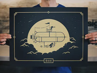 IBM Design Camp Poster balloon bike clouds flag gold ibm ibm design make lab moon screenprint sky stars