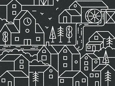 City piece barn black city farm houses lighthouse line art line style sun trees watermill