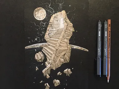 Orbital Gateway drawing ink journal scifi space tone paper white charcoal