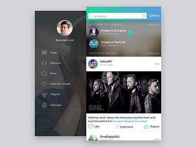 Sidebar and Search Screens feed menu music player search sidebar ui uidaily