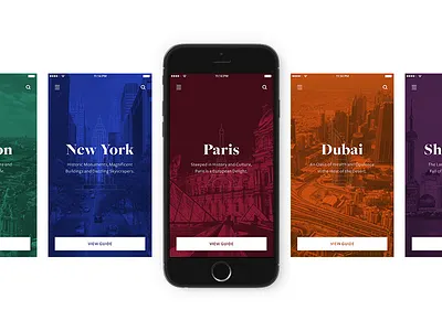 City Guides app cities city colour dark flat guides ios minimal overlay travel ui