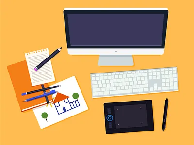 Workspace desk drawing flat notes pen tablet work workspace