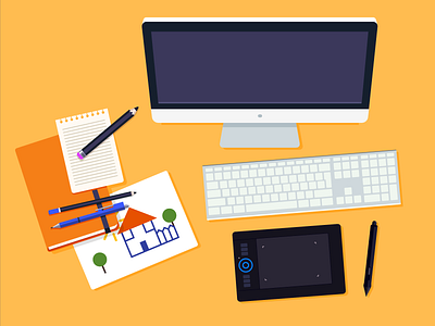 Workspace desk drawing flat notes pen tablet work workspace