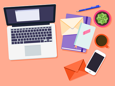 Workspace coffee desk flat laptop mail notebook notes office pen work workspace