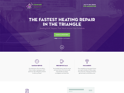 HVAC Landing Page clean comfort desktop features green hvac landing minimal mockup monster purple