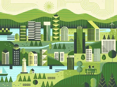 Green City building downtown environmental hills landscape mid century nature park sky skyscraper trees vector