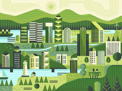Green City building downtown environmental hills landscape mid century nature park sky skyscraper trees vector