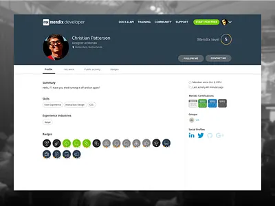 Meet the community - Profile community design developers flat gamification mendix photo profile ui web website