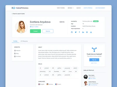 Hubstaff directory - profile page app freelancer hubstaff icons landing page material design profile page skills social ui ux web