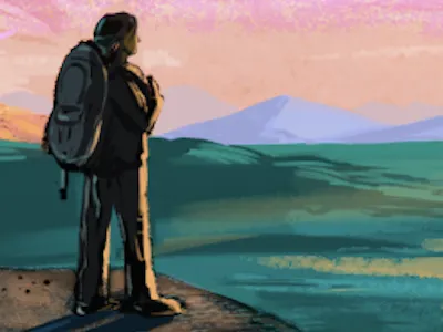 Possibilities on the horizon. banner color hiker illustration nature rethinkdb sunset