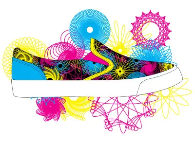 Inkkas Shoes Concept blue cmyk pattern pink repeating retro shoe design shoes spirograph surface design yellow