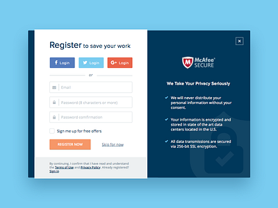 Register Popup Design create account dailyui facebook login form google login log in mcafee popup register sign up social login twitter login