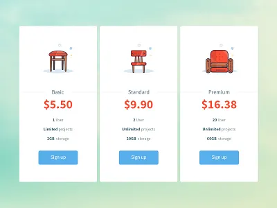 daily UI 030 - Pricing 030 box chair dailyui icons illustration minimal price pricing sofa stool table