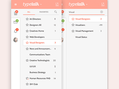 Sidebar Tabs Menu UI chat app drawer menu orange search sidebar star tabs thin icons typetalk ui