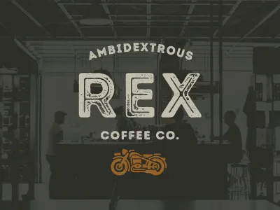 Ambidextrous Rex Coffee Co. badge branding coffee design distress graphic design identity design logo motorcycle ochre typography vintage
