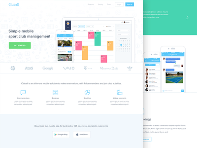 Cluball landing page admin app bookings clean features flat landing page minimal mobile sports testimonials web