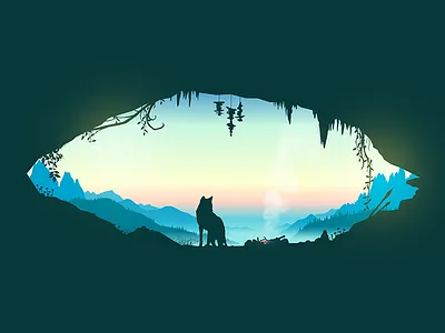 Awaken cave fire home mist morning mountains spear sunrise vector wolf