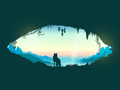 Awaken cave fire home mist morning mountains spear sunrise vector wolf