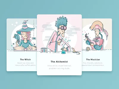Funny Personas alchemist cards cat character design illustration line art musician vector witch