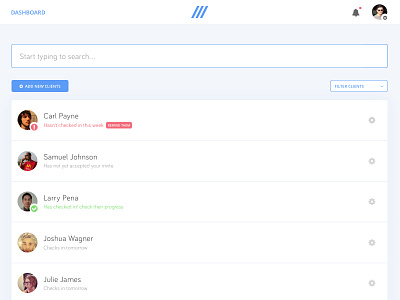 Dashboard UI clients dashboard list search