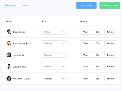 HD - Agency members app clean cta data table freelancer list profile table actions tabs user users web