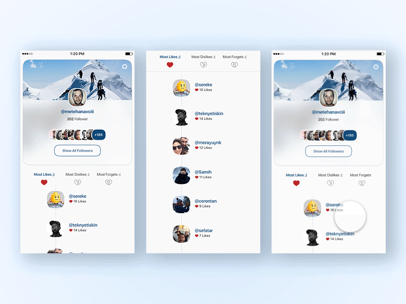 Follower App. Framerjs app first flat framer framerjs instagram interaction landing page light like scroll ux ui