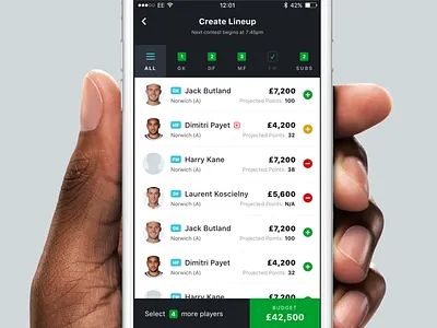 Select Players design fantasy team football football fantasy soccer ui user experience user interface ux