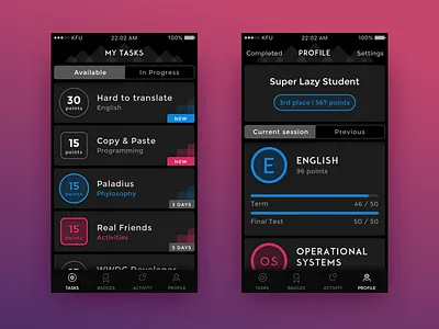 KFU ITIS Gamification Task & Profile badges dark gamification ios lessons profile tasks