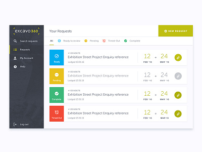 Excavo360 Dashboard cards clean colour dashboard lists mapping projects requests status ui web app